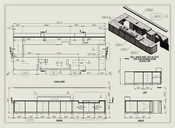 Architectural shop drawing showing plan view, front and side elevations, and 3D isometric view of a custom commercial reception counter with a flip-top pass-through gate.