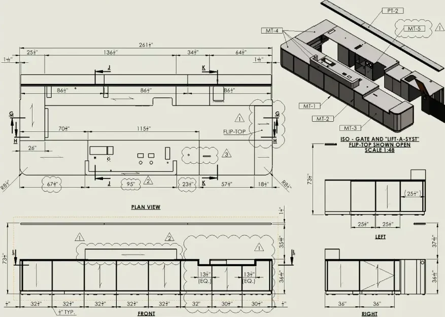 Architectural shop drawing showing plan view, front and side elevations, and 3D isometric view of a custom commercial reception counter with a flip-top pass-through gate.