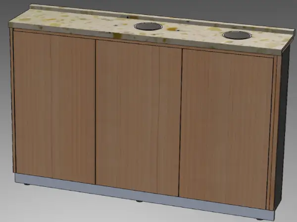 Fully assembled 3D CAD rendering of a commercial trash and recycling cabinet featuring wood veneer doors, a stone countertop, and two top-mounted drop-in waste chutes.