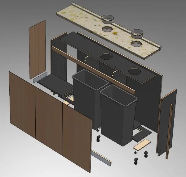 Exploded-view 3D CAD rendering of a commercial trash and recycling cabinet featuring wood finish side panels, internal waste bins, countertop grommet chutes, and cabinet hardware.