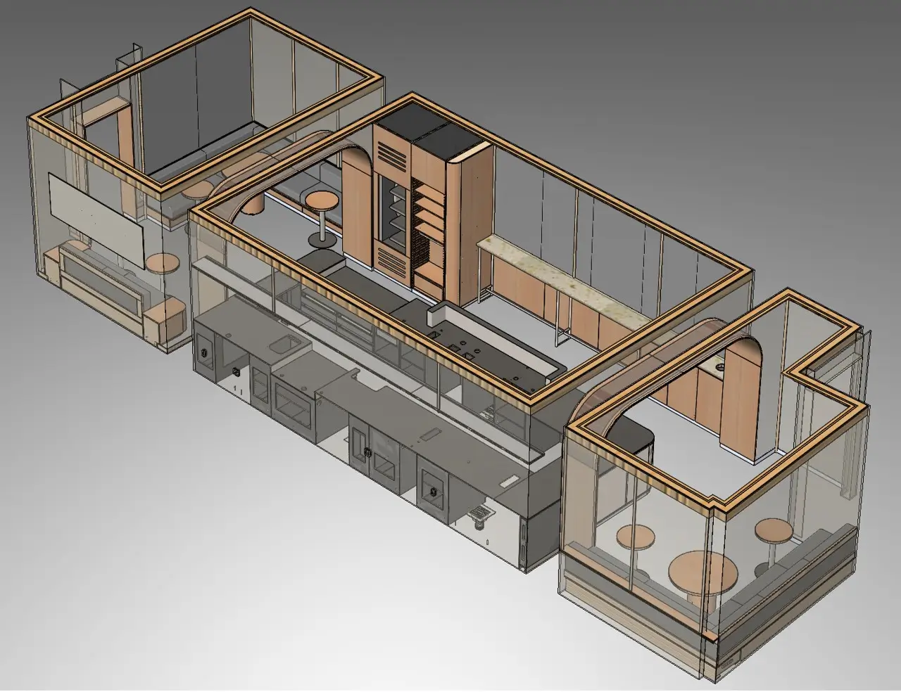 Isometric 3D CAD architectural rendering of a commercial cafe layout showing service counters, prep equipment, display shelving, and glass-enclosed seating booths with round tables.